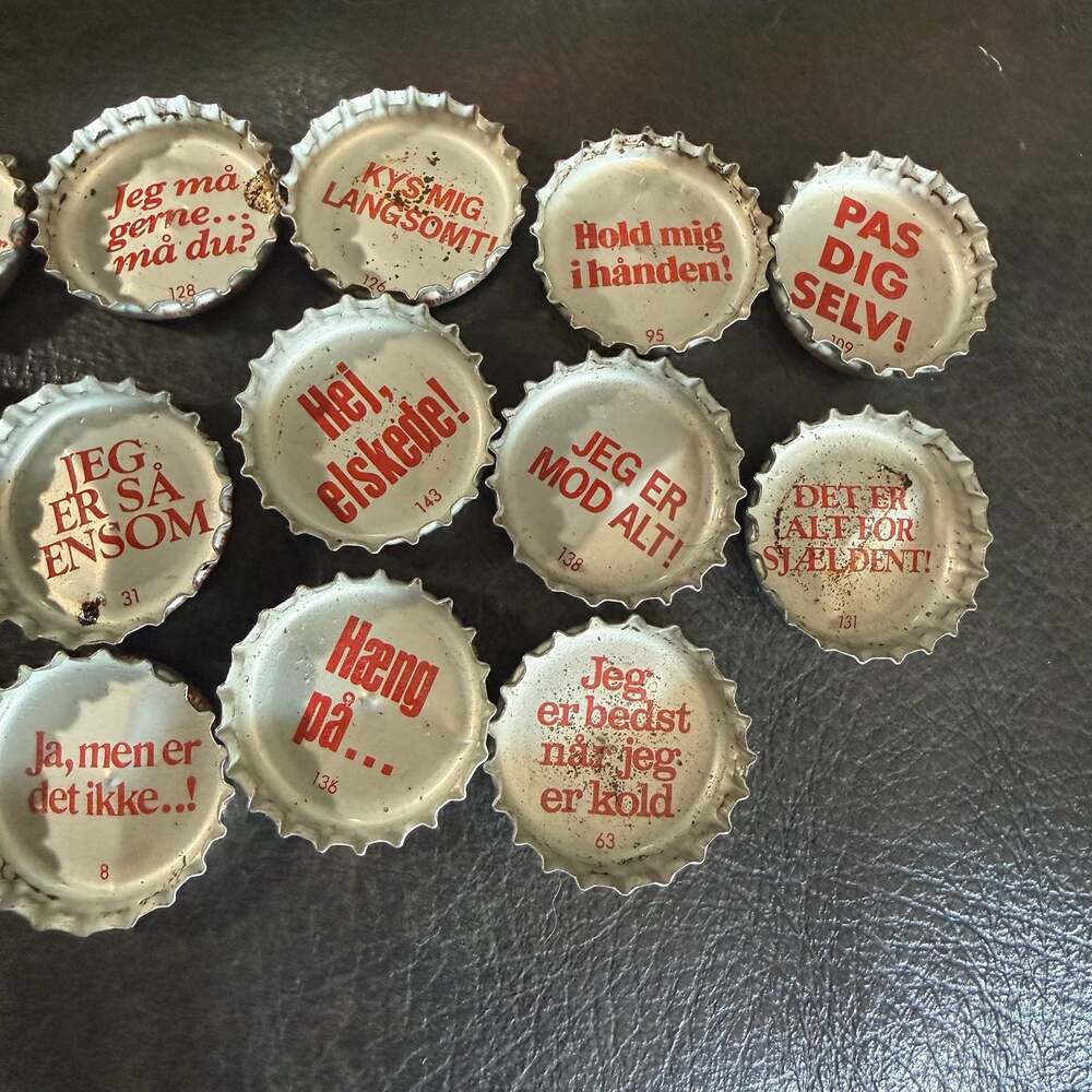 Vintage Coca-Cola Gorker Camp. Bottle Caps with Danish naughty Phrases Lot of 25